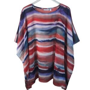 Susan Graver Red White Blue Stripe Chiffon Semi-Sheer Top Size Medium